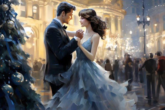 Обои картинки фото рисованное, люди, пара, танец, ёлка, дома, новый, год