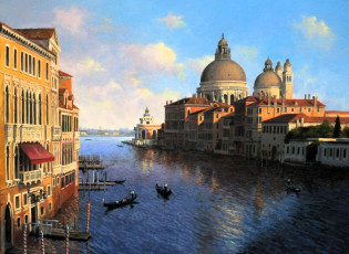 Картинка рисованное adrian+rigby венеция город здания каналы лодки
