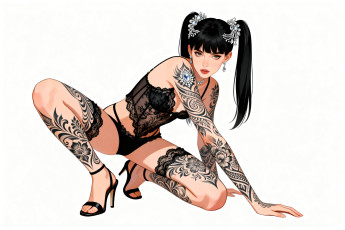 Картинка рисованное люди девушка брюнетка украшения тату белье босоножки