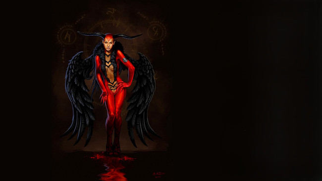 Обои картинки фото фэнтези, демоны, демонесса, рога, крылья, наряд