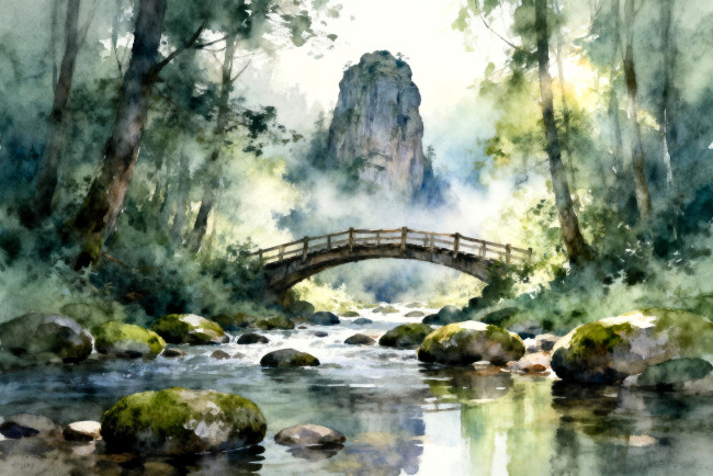 Обои картинки фото рисованное, природа, лес, мост, гора, ручей, камни