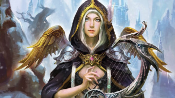 Картинка фэнтези ангелы струнный инструмент зима шпили башни крылья ангел