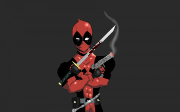 Картинка deadpool рисованные комиксы дэдпул красный оружие темный фон