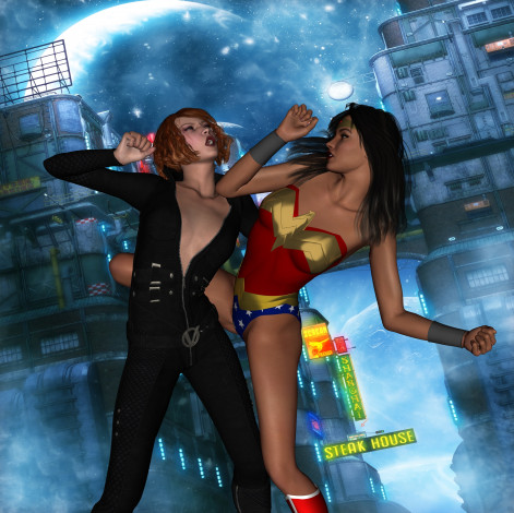 Обои картинки фото 3д графика, fantasy , фантазия, девушки, драка