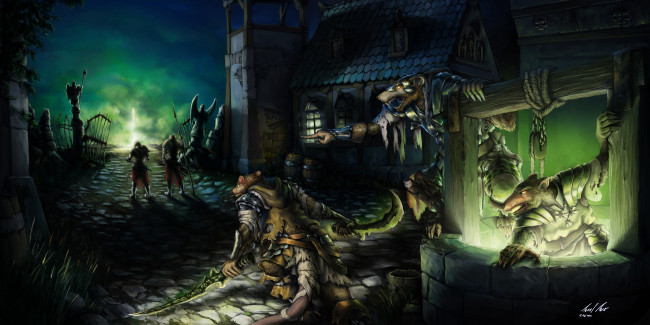 Обои картинки фото фэнтези, существа, нападение, мутанты, крысы, воины, мир, иной, колодец