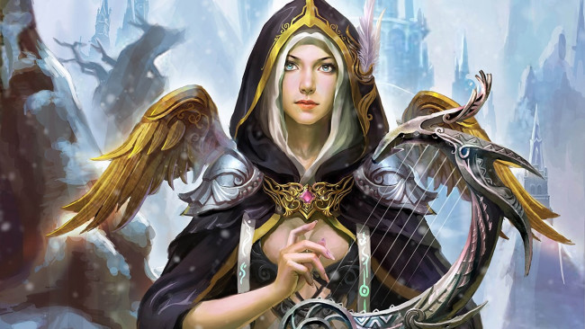 Обои картинки фото фэнтези, ангелы, струнный, инструмент, зима, шпили, башни, крылья, ангел