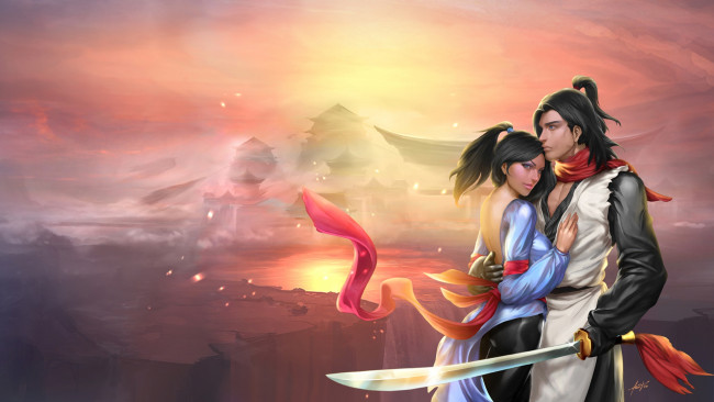 Обои картинки фото фэнтези, люди, девушка, воин, влюбленные, меч, парень