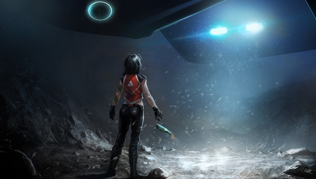 Обои картинки фото фэнтези, девушки, девушка, бутылка, свет, летающий, аппарат