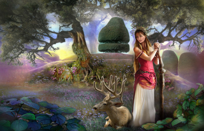 Обои картинки фото фэнтези, фотоарт, девушка, олень