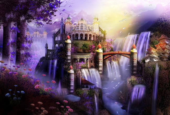 Обои картинки фото фэнтези, фотоарт, замок, водопад