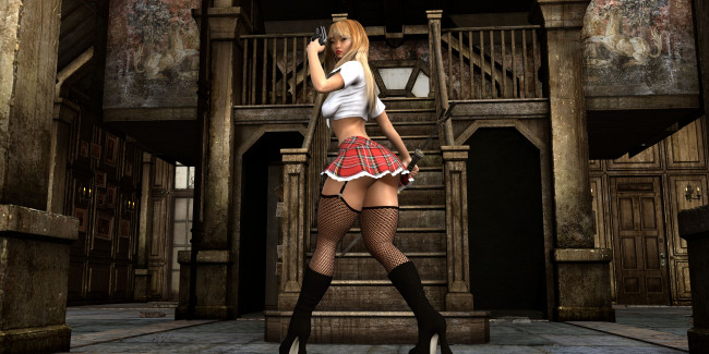 Обои картинки фото 3д графика, фантазия , fantasy, оружие, фон, взгляд, девушка