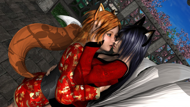 Обои картинки фото 3д графика, существа , creatures, фон, взгляд, девушки, кошка