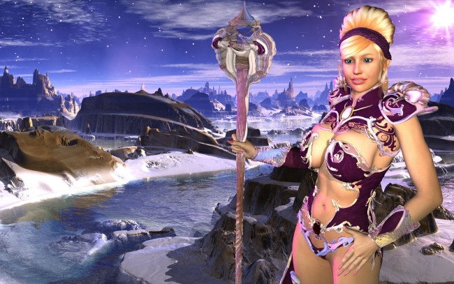 Обои картинки фото 3д графика, фантазия , fantasy, девушка, взгляд, фон, блондинка, улыбка, шест, река, горы