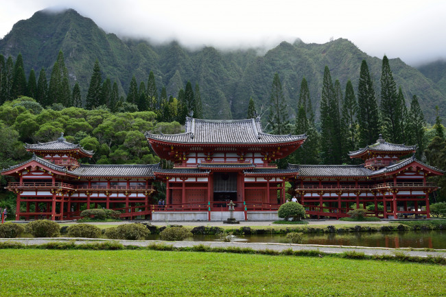 Обои картинки фото byodo-in temple, города, - буддийские и другие храмы, храм, речка, лес, горы