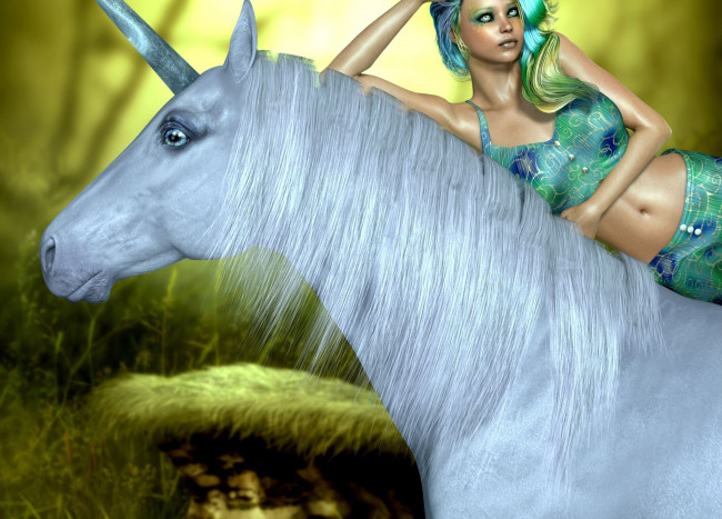 Обои картинки фото 3д графика, эльфы , elves, единорог, фон, взгляд, эльфийка