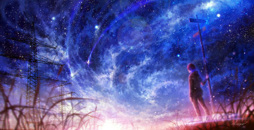 Картинка фэнтези люди столб парень вышки провода небо космос