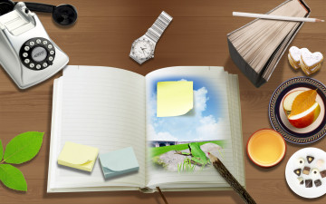 Картинка разное компьютерный+дизайн книга карандаши еда телефон часы листья блокнот