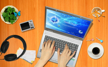 Картинка разное компьютерный+дизайн наушники фотоаппарат руки ноутбук растение