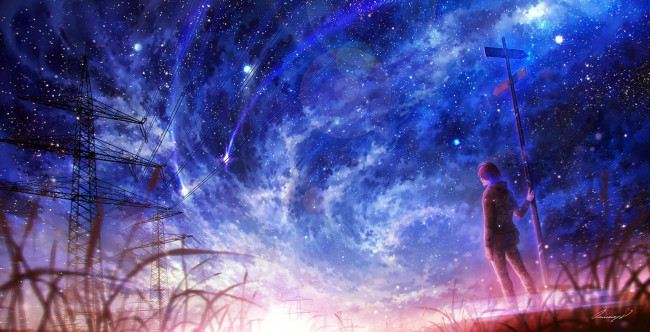 Обои картинки фото фэнтези, люди, столб, парень, вышки, провода, небо, космос