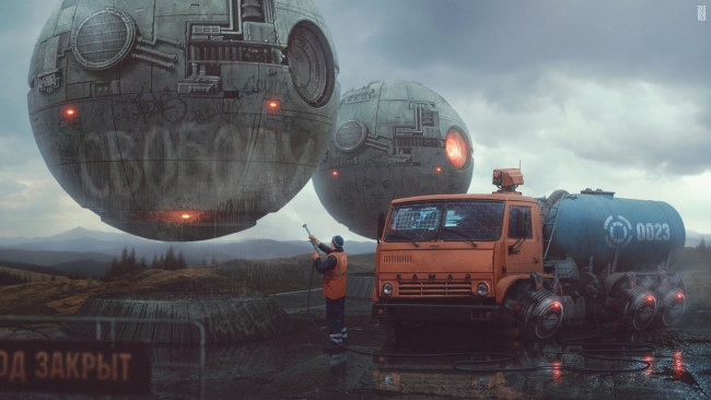 Обои картинки фото фэнтези, иные миры,  иные времена, граффити, машина, люди, мытье, нло