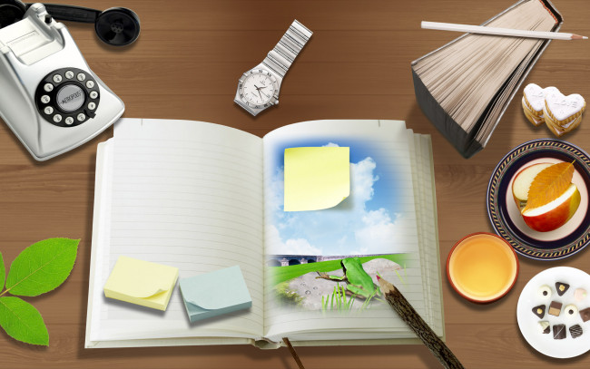 Обои картинки фото разное, компьютерный дизайн, книга, карандаши, еда, телефон, часы, листья, блокнот