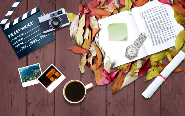 Обои картинки фото разное, компьютерный дизайн, листья, часы, чашка, фотографии, фотоаппарат