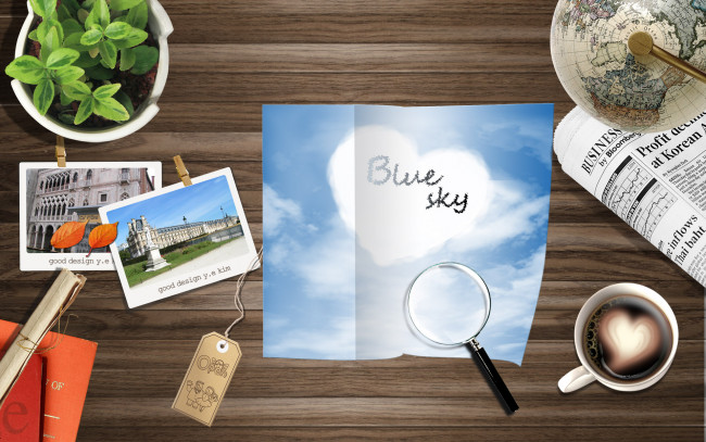 Обои картинки фото разное, компьютерный дизайн, растение, газета, чашка, небо, фотографии