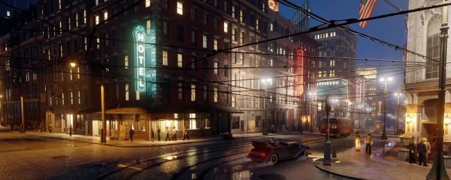 Обои картинки фото видео игры, mafia,  definitive edition, город, огни, люди, транспорт