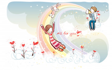 Картинка рисованное дети мальчик девочка сердечки зайчик радуга