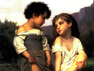 обоя adolphe-william bouguereau, рисованное, дети, горы, деревья