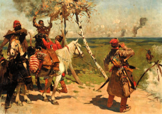 обоя сергей иванов, рисованное, всадники, деревья