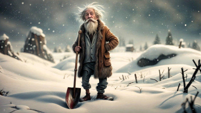 Обои картинки фото 3д графика, люди , people, дед, старик, лопата, снег, зима, деревня