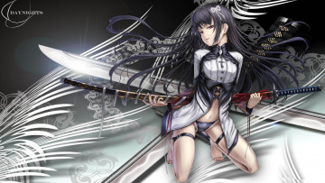 Картинка аниме weapon blood technology красные глаза оружие катана длинные волосы девушка