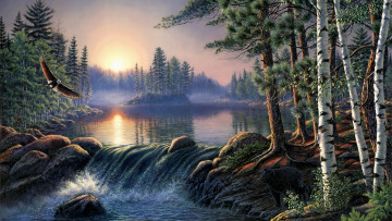 Картинка boundary waters рисованные james meger fog восход туман орел медведь sunrise река лес bear eagle