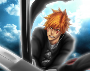 Картинка аниме bleach блич ичиго куросаки небо облака парень занпакто улыбка кровь бой рыжий сияние