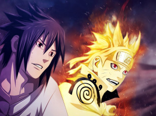 Картинка аниме naruto блондин брюнет парни искры небо улыбка чакра пламя режим кьюби узумаки наруто саске учиха