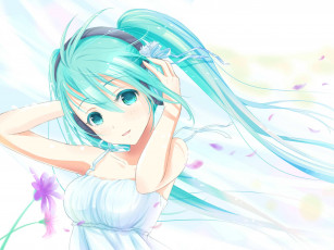 Картинка vocaloid аниме взгляд hatsune miku девушка yuki art вокалоид лепестки цветы улыбка