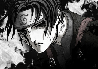 Картинка аниме naruto чёрно-белая взгляд лицо парень брюнет арт кровь корень анбу лист шиноби сай