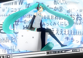 Картинка vocaloid аниме куб иероглифы сидит наушники улыбка девушка взгляд медиаплеер hatsune miku bounin art