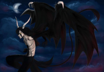 Картинка аниме bleach блич улькиорра шиффер крылья аранкар взгляд брюнет эспада парень хвост облака небо луна ночь
