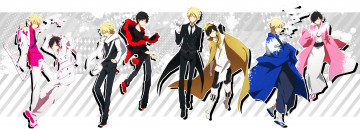 Картинка аниме dyurarara изая орихара персонажи парни дюрарара брюнеты блондины ножи белый фон полоски шизуо хейваджима