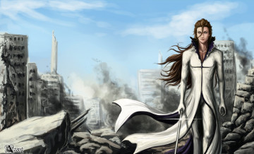 Картинка аниме bleach небо облака арт айзен соске шатен парень руины дым камни развалины улыбка белый костюм