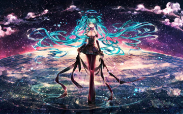 Картинка vocaloid аниме звезды арт девушка hatsune miku salay облака небо нимб отражение вода