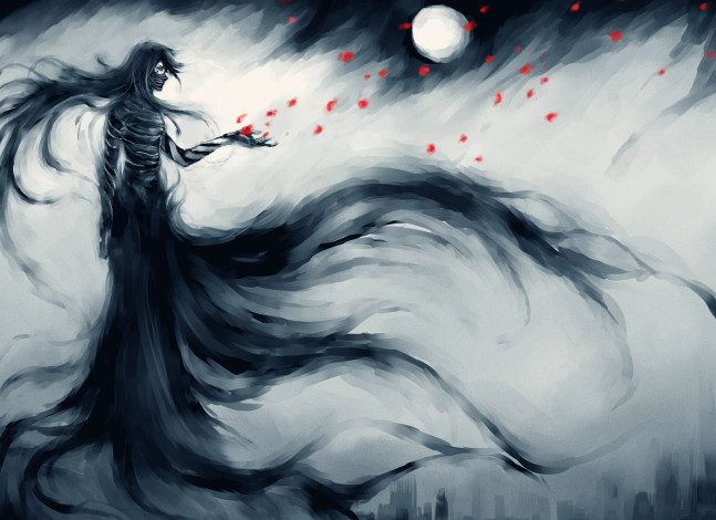 Обои картинки фото аниме, bleach, ночь, финальная, гецуга, парень, арт, блич, ичиго, луна, лепестки, куросаки