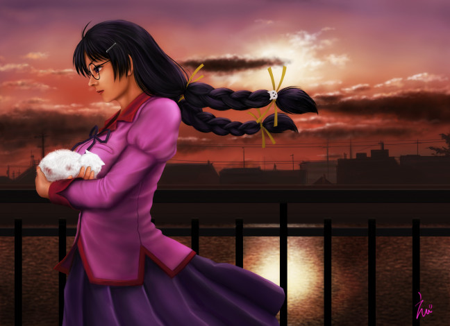 Обои картинки фото bakemonogatari, аниме, косы, котенок, арт, девушка, река, закат, профиль, hanekawa, tsubasa, ebi, очки, город, ограждение