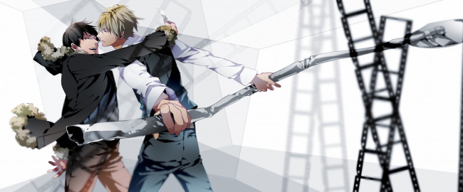 Обои картинки фото аниме, dyurarara, белый, фон, дюрарара, бармен, блоха, хейваджима, орихара, драка, изая, парни, враги, знак, улыбка, шизуо