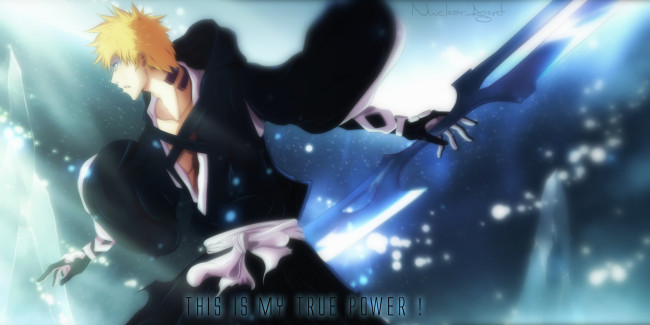 Обои картинки фото аниме, bleach, арт, ичиго, рыжий, оружие, куросаки, парень, сияние, блич