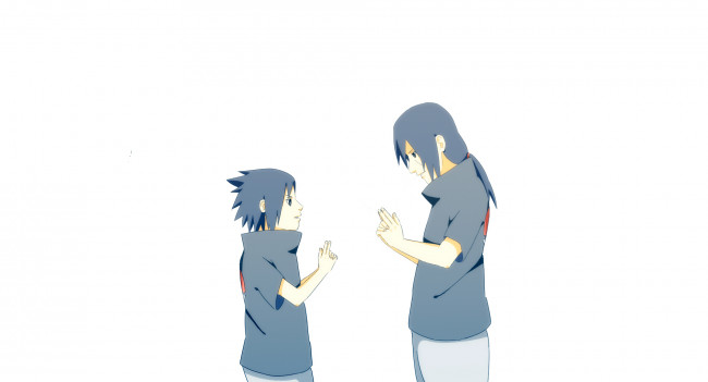 Обои картинки фото аниме, naruto, обучение, учиха, печати, братья, мальчики, итачи, саске, белый, фон