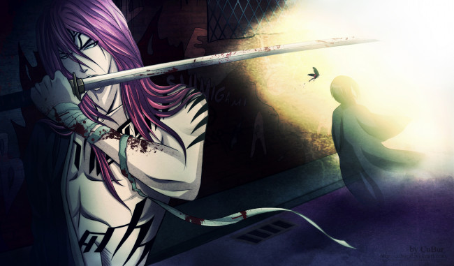 Обои картинки фото аниме, bleach, бабочка, бинт, кровь, тату, занпакто, лейтинант, парень, арт, блич, сияние