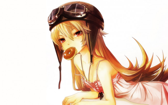 Обои картинки фото аниме, bakemonogatari, oshino, shinobu, платье, еда, поник, шлем, девушка